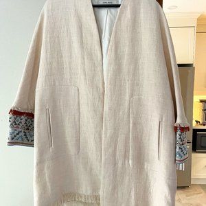 Zara Basic Mid Length Cream Jacket Size L, Ethic Embroidered Cuffs, Like New